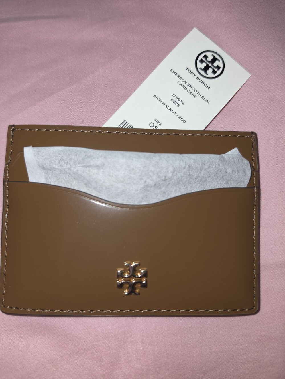 Tory Burch Rich Walnut Leather Card Holder with Gold Logo